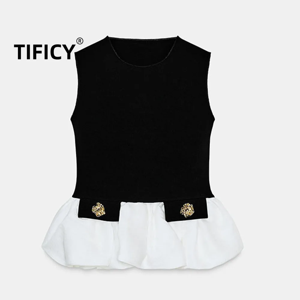 

High Street Tanks Tops Autumn New Women's Clothing Contrasting Round Sleeveless Slimming Patchwork Elastic Streetwear Tank Top