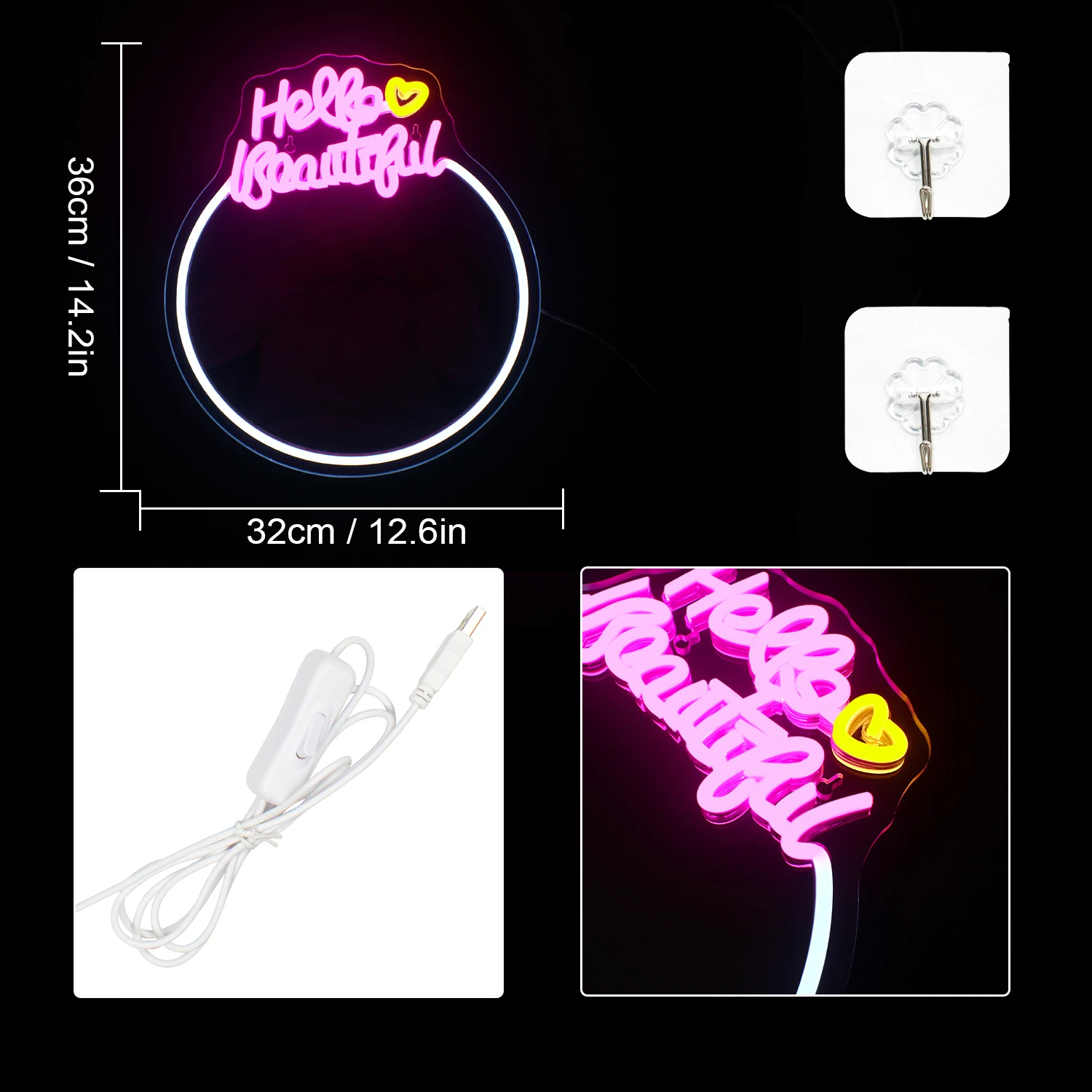 Mirror Hello Beautiful Neon Sign for Wall Decor Girls Hotel Room Decor Led Neon Signs Bedroom Decor Birthday Party USB Powered