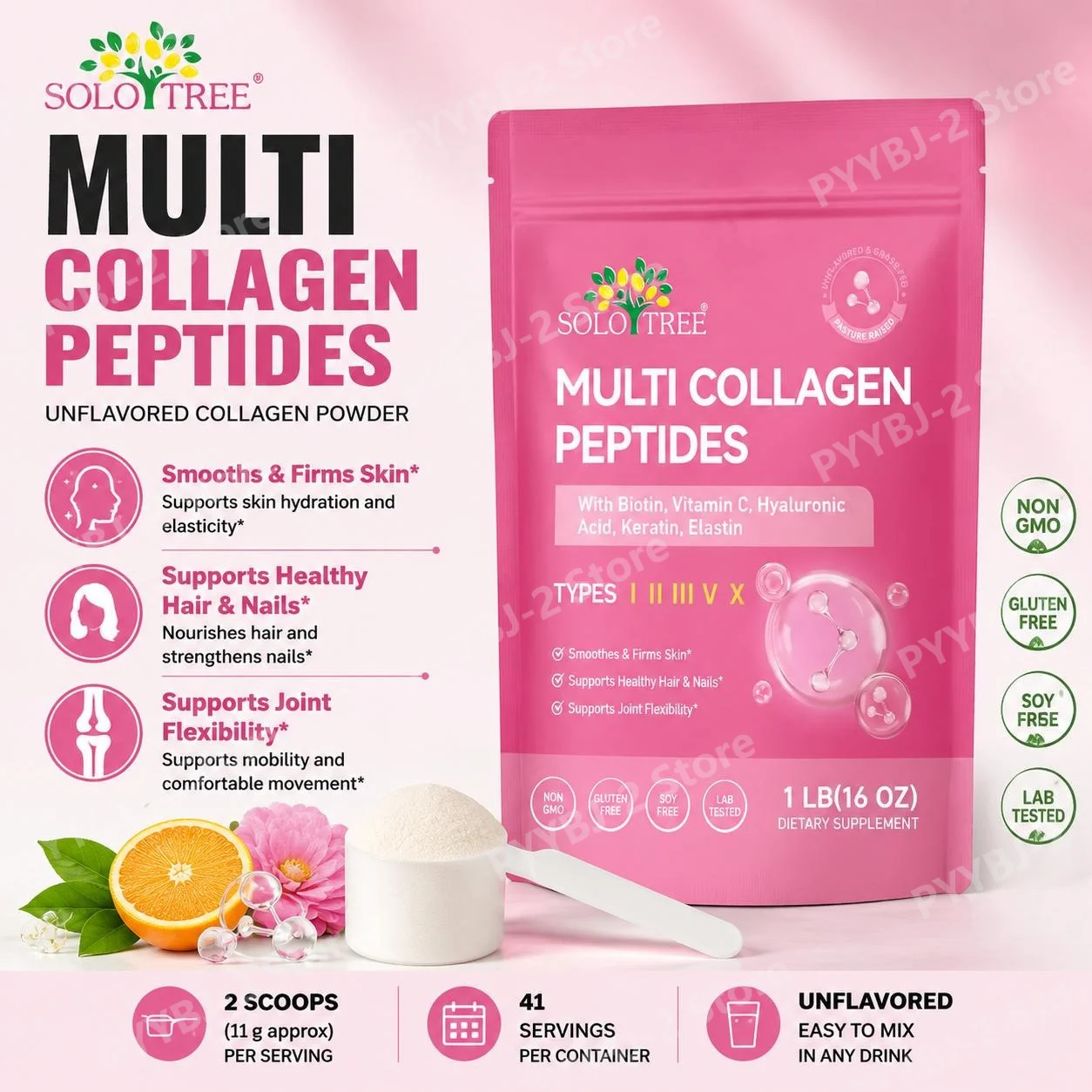 Multi Collagen Peptides Powder Types I II III V X with Biotin Vitamin C Hyaluronic Acid for Skin Hair Nails Joint Support 1LB