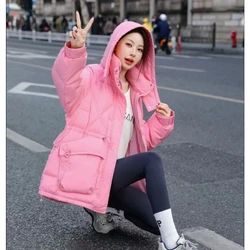 Women's Mid-length Puffer Coats, Korean Jacket, Stand Collar, Hooded Parkas, Warm Outwears, Windproof Winter Coat Female Fashion