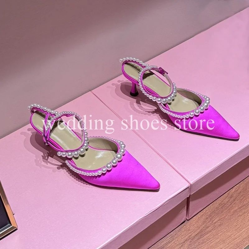 

Women's Pearl High Heel Silky Surface Pumps Wedding Elegance Pointed Toe Party 2024 Fashion Shoes for Lady Thin Heels 6CM