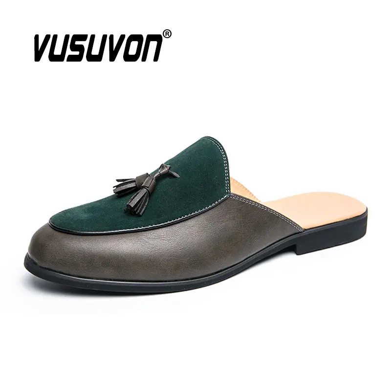 Men Mules Slippers Suede Leather Loafers Moccasins Outdoor Non-slip Black Casual Slides Summer Spring Fashion Shoes