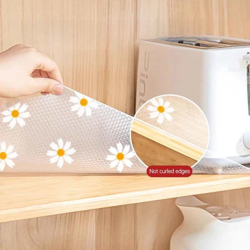 1Roll Daisy Shelf Liner for Kitchen Cabinets EVA Waterproof Oilproof Cupboard Mat Easy Placemats Non-adhesive Drawer Pad