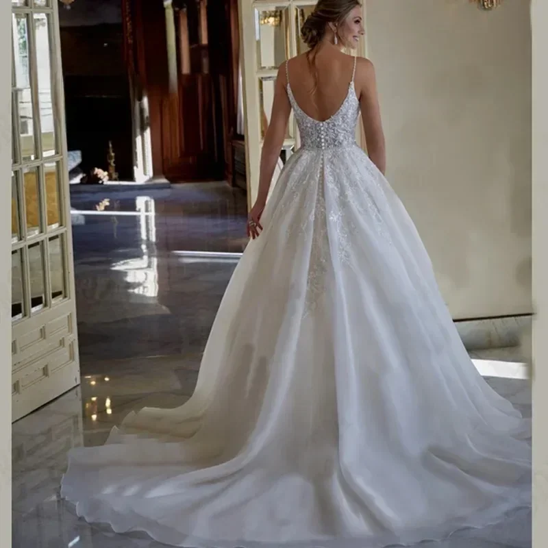 Flavinke ที่กําหนดเองเจ้าหญิง V คอชุดแต่งงานสําหรับผู้หญิงสปาเก็ตตี้ A-Line ชุดเจ้าสาวลูกไม้ Applique Robe De Soirée