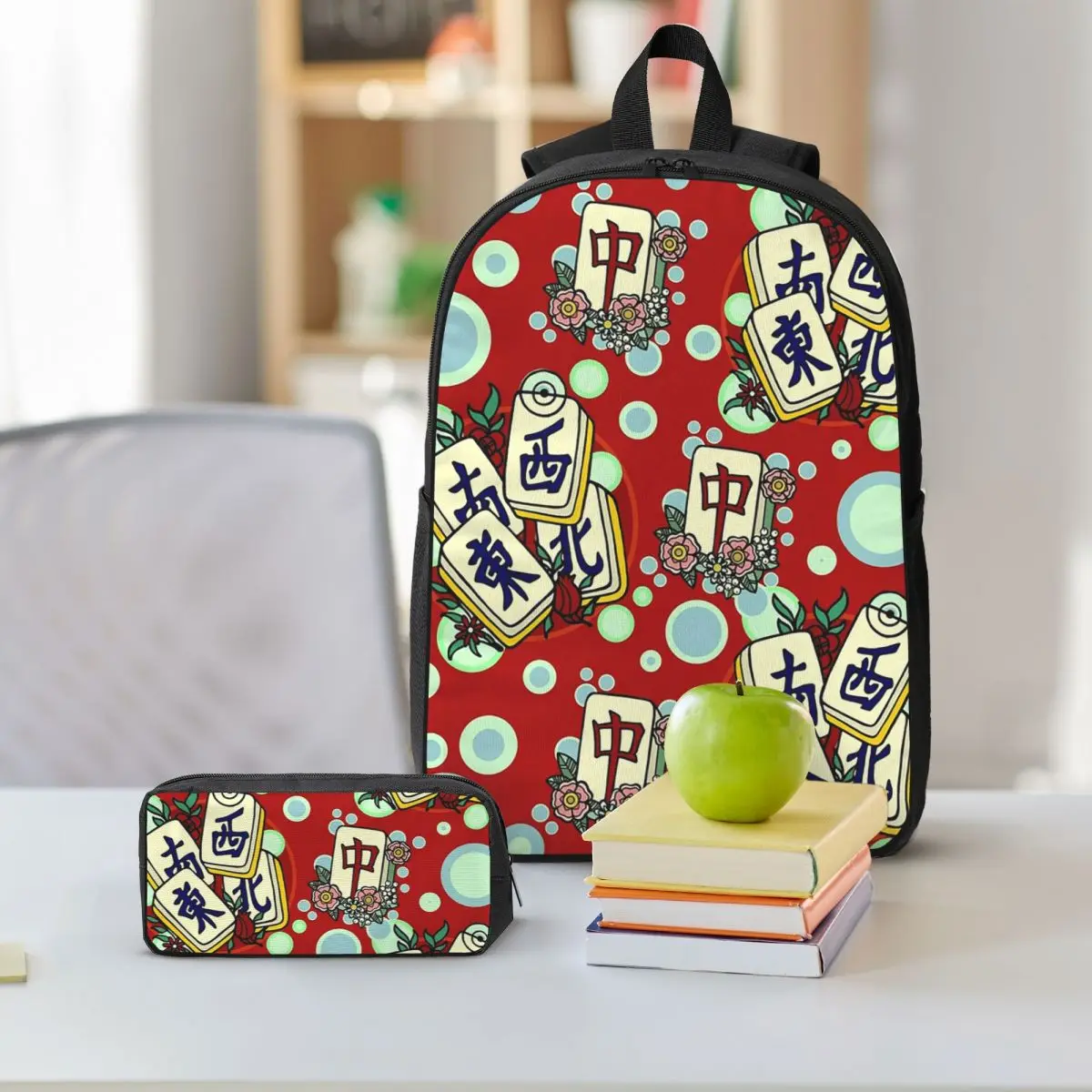 Mah Jongg Pattern Mahjong Tiles Backpack Boys Girls BookBag School Bag Shoulder Bags 3ps Insulated Lunch Bag Pencil Case