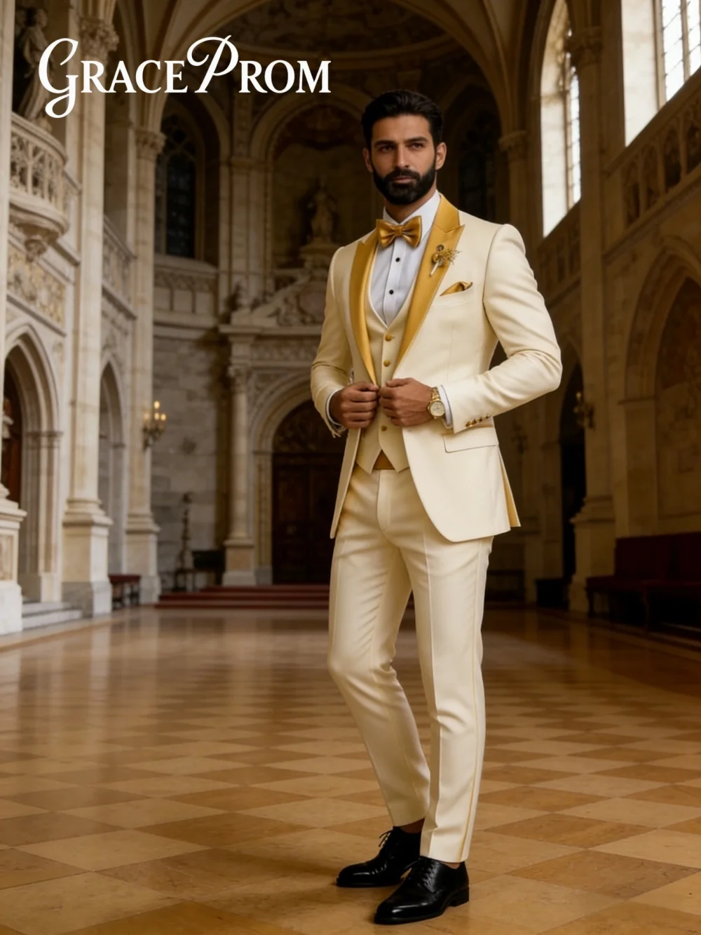 

Handsome Light Yellow Mens Suit Set Trendy Single Breasted Suit Set Includes Jacket Vest Pants For Office Performance Banquet