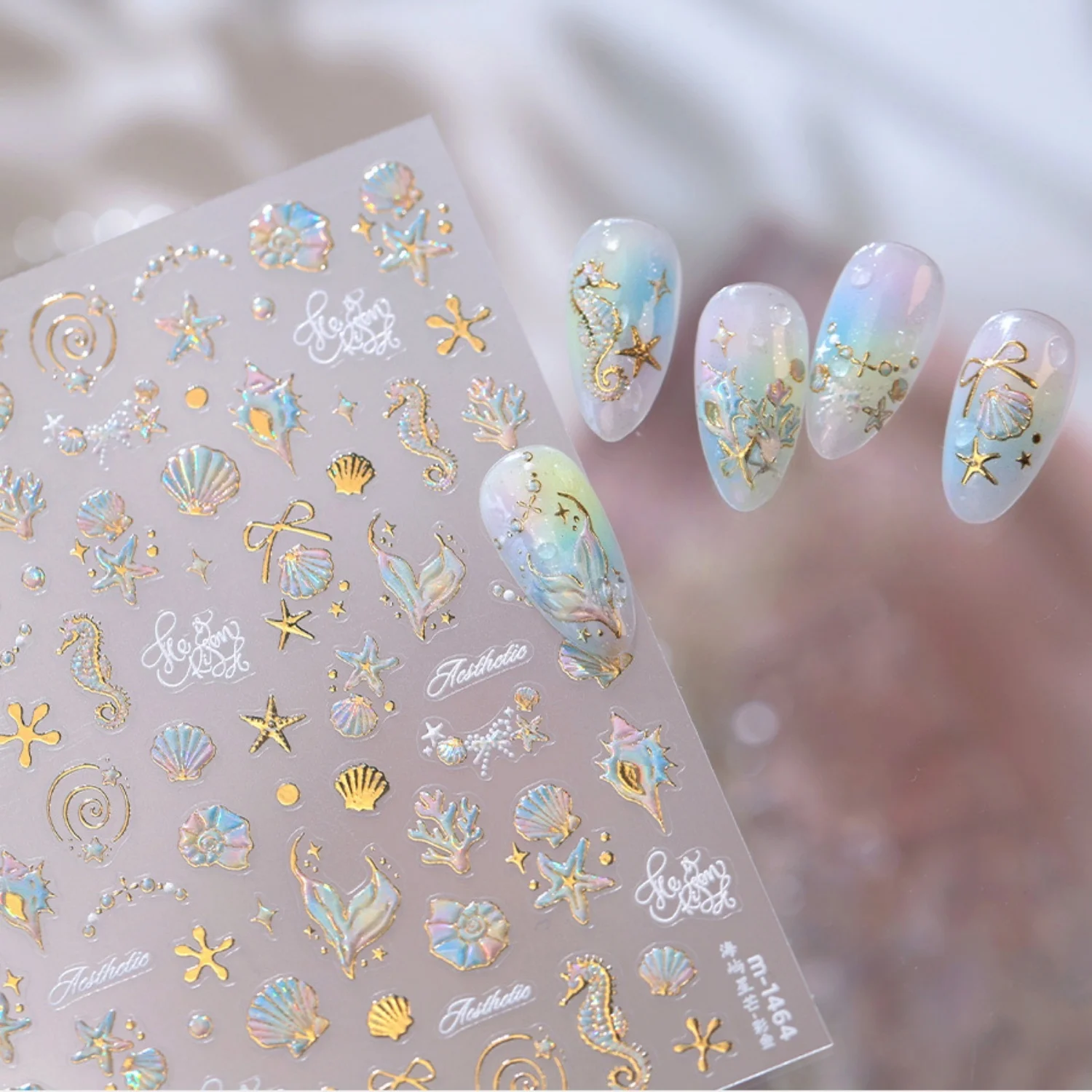 Bridal Seaside 5D Nail Art Sticker Gold Seahorse Shell Starfish Conch Pearl Ribbon Bow Script Letter Self Adhesive Decals Decor