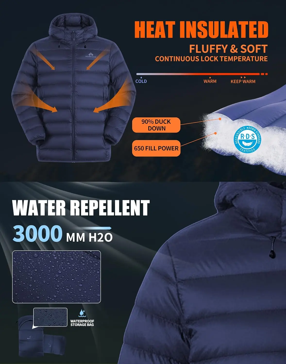 Jaket Puffer Pria Pioneer Camp dengan Hoodie, Ringan, Dapat Dilipat, Hangat, Berinsulasi, Termal, Mantel Musim Dingin, untuk Ski dan Perjalanan