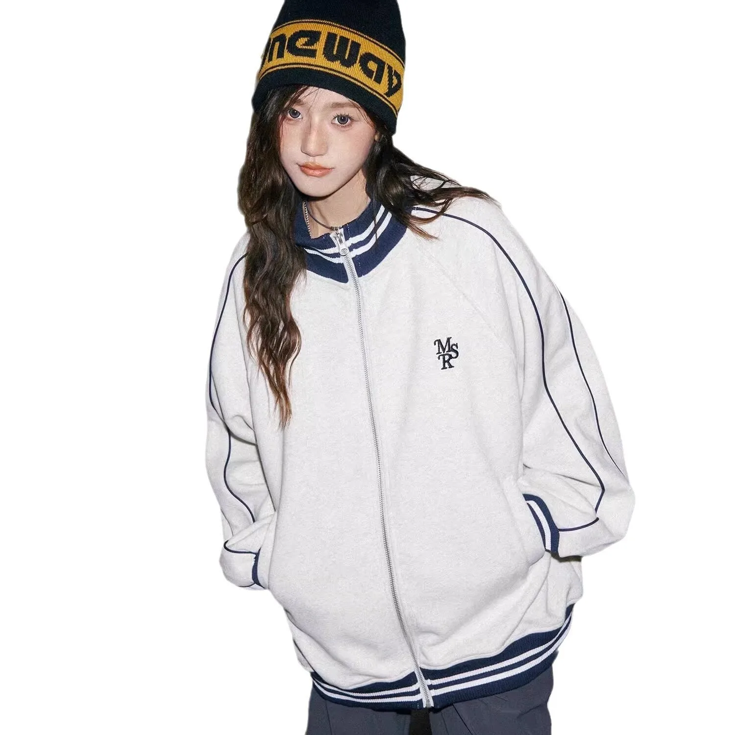 Grey Stand Collar Baseball Jacket for Women & Men Retro Sweatshirt Style Casual Lazy Outerwear