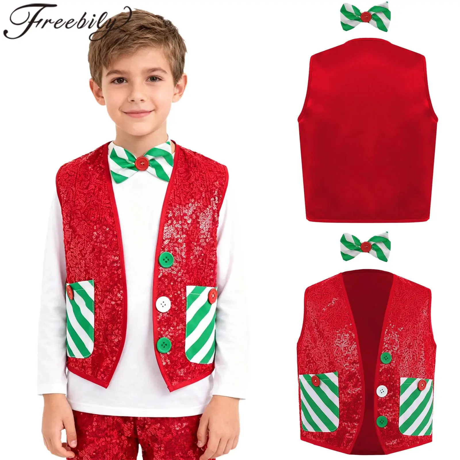 Chaleco sin mangas de Navidad para niño, trajes de Papá Noel para vacaciones, chalecos con pajarita, disfraz de elfo con lentejuelas para baile de Jazz latino, disfraz de discoteca