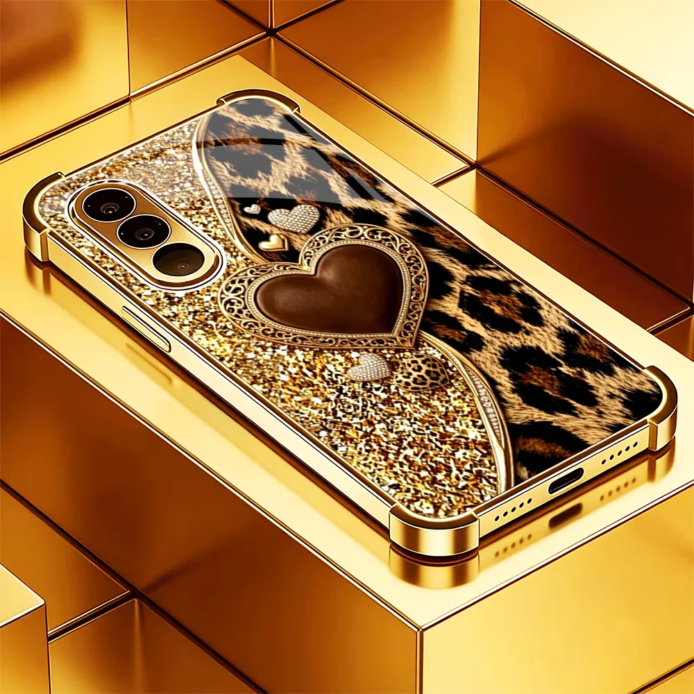 Phone Case Golden leopard print heart s26 ultra case s25 ultra Glass phone case for Samsung Galaxy S26 25 24 23 22 FE Ultra Plus