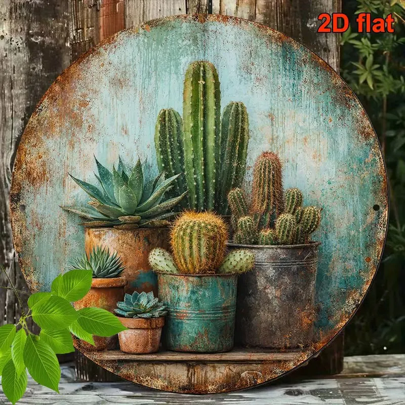 2D Flat Round Wooden Sign, Retro Wooden Plaque about Succulents And Cactus, Desert Plant Potted Decoration Sign,