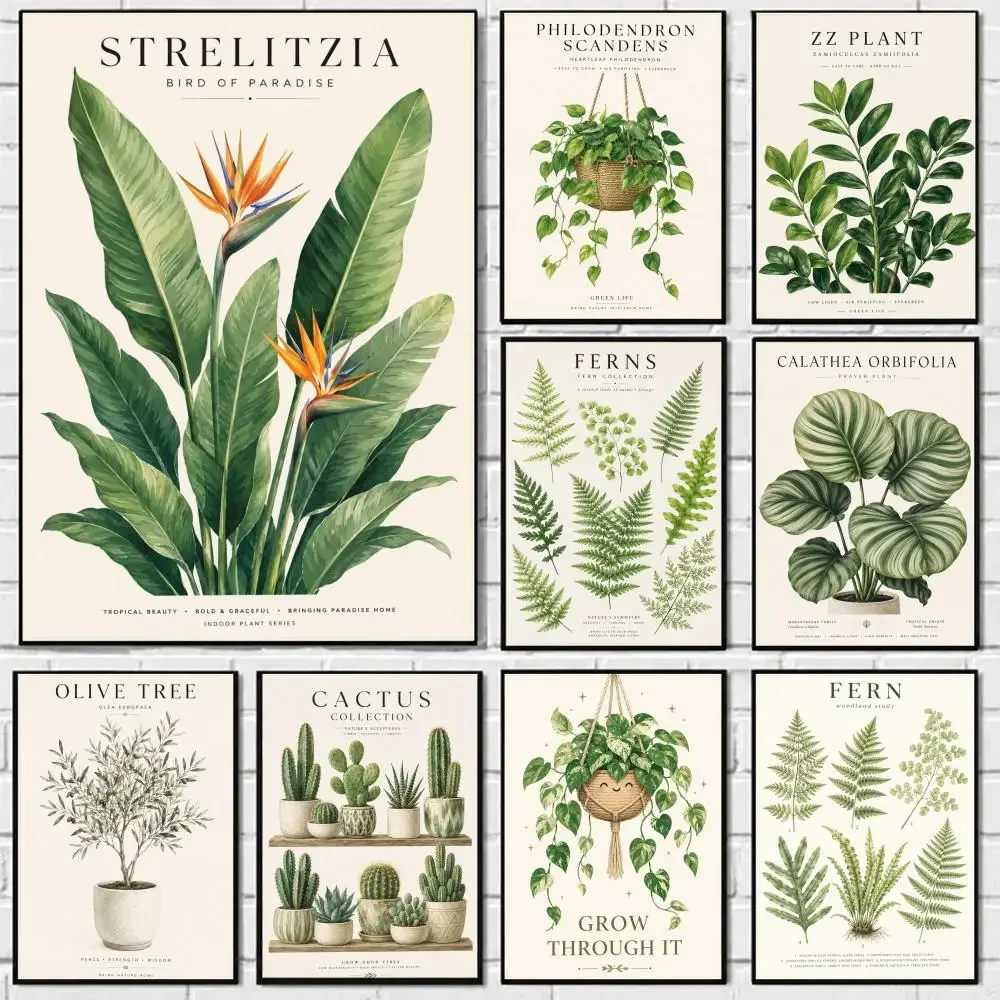 Art Green Plant Painting Poster Self-adhesive Art Waterproof Paper Sticker Coffee House Bar Room Wall Decor