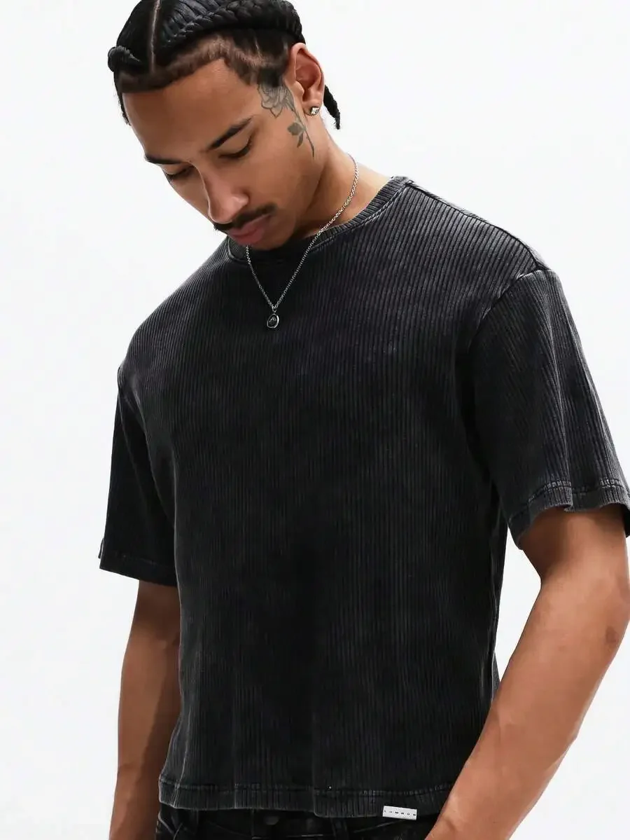 

Oversized Ribbed Cotton Short Sleeve Crew Neck T-Shirt Casual Streetwear For Spring Summer