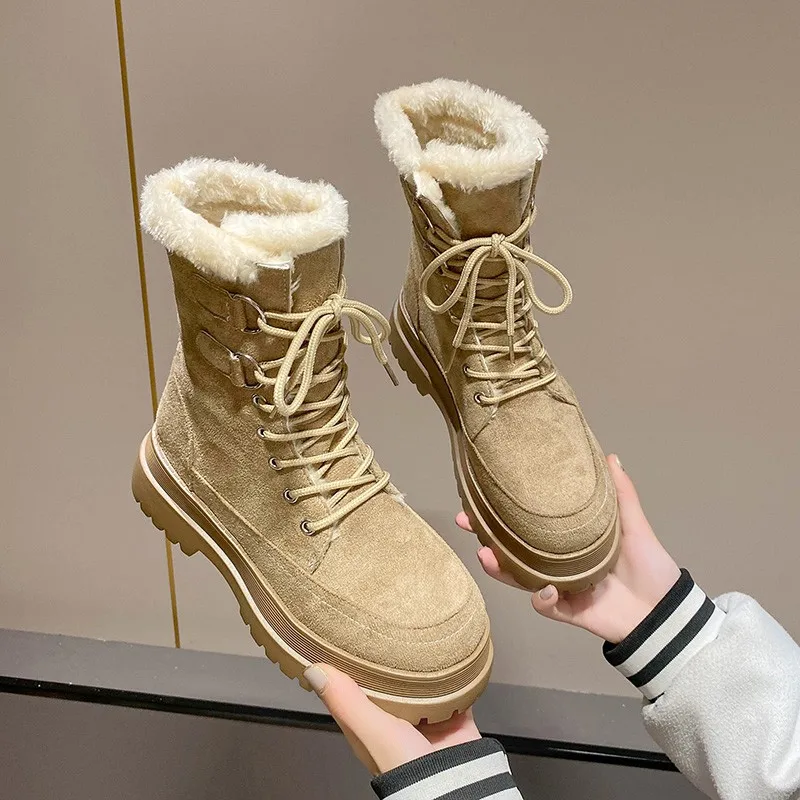 Botas de nieve cálidas con suela gruesa para mujer, zapatos góticos de plataforma con cordones, Color liso, novedad de 2022