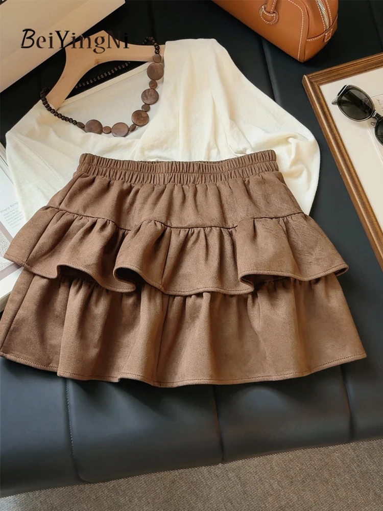 Beiyingni French Ruffles Suede Skirts for Women Autumn New Style Street Short Cake Skirt Girls Sexy Korean Tiered A-line Faldas