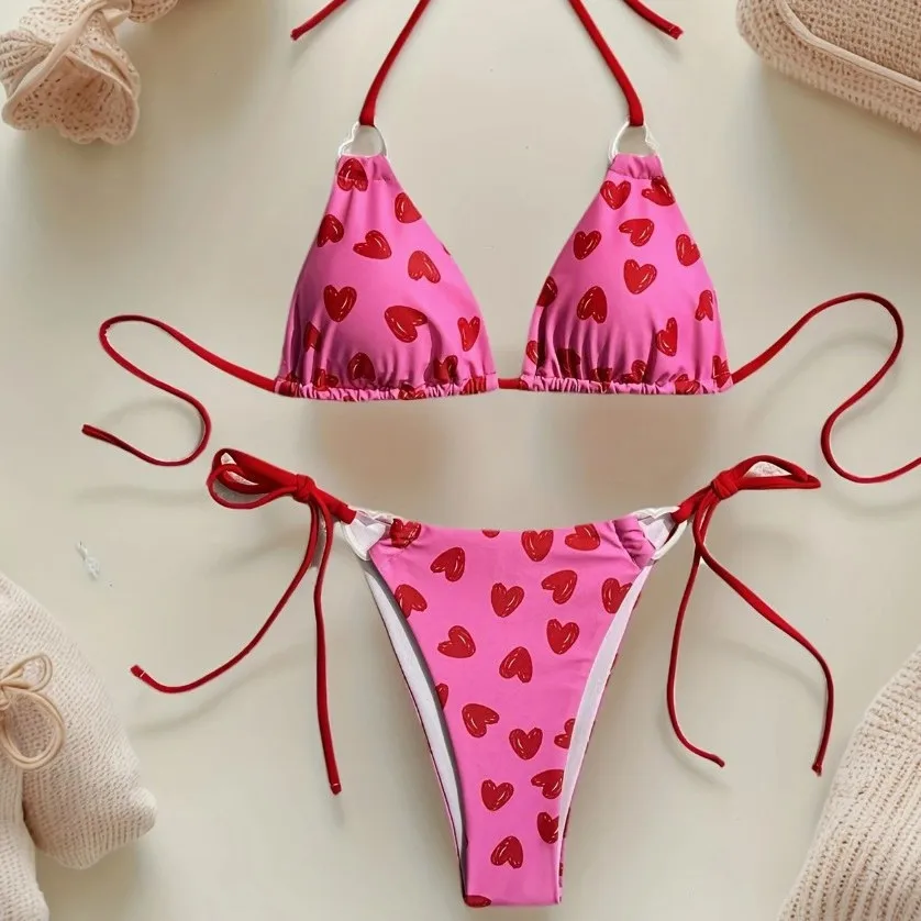 2025 новый европейский и американский купальник с разрезом на бретельках и принтом любви, бикини, бикини