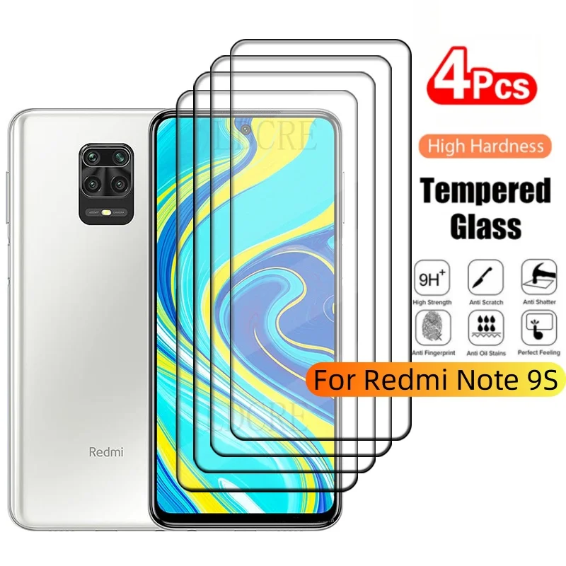 Protector de pantalla de vidrio templado para Xiaomi Redmi Note 9S, funda completa con pegamento 9H HD, 4 unidades