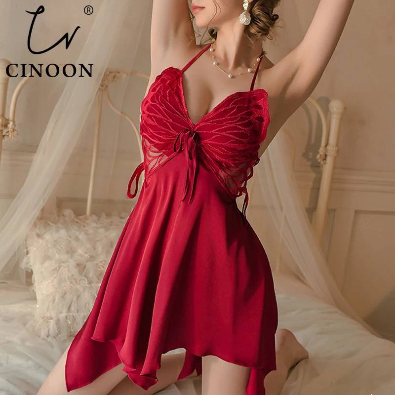 CINOON Sexy Night Dress Perspective Lace Nightgow Women's Lingerie Backless Bow Decoration Nightwear Silk Nightdress Homewear