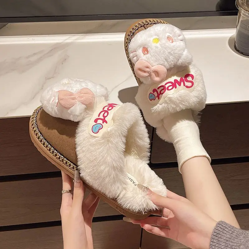 

New Hello Kitty Plush Slipper Miniso Anime Peripheral Fashion Comfortable Home Shoes Wear-resisting Non-slip Low Heeled Shoes