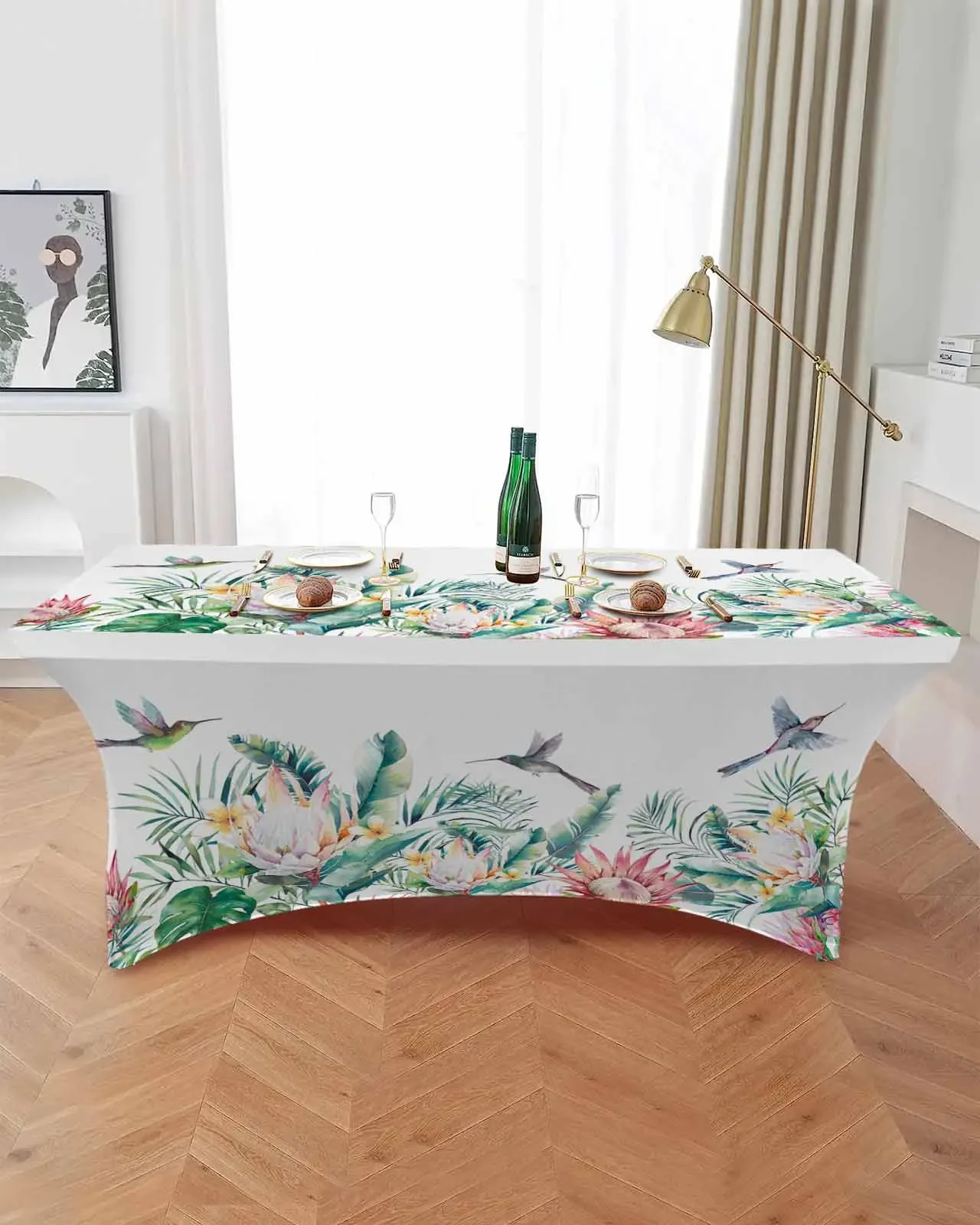 Idyllic Tropical Plants Flowers Hummingbirds Rectangular Elastic Table Skirt Wedding Table Cover Kitchen Dining Table Tablecloth