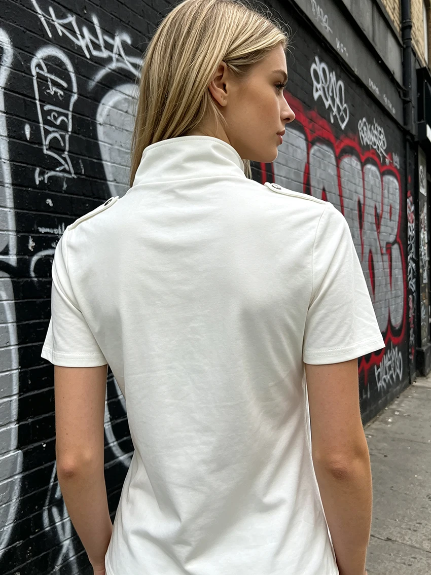 Retro Music Note Print Tee Summer Half Zip Stand Collar Epaulet Detail Short Sleeve Slim Y2K Aesthetic Casual Women T-Shirt Tops