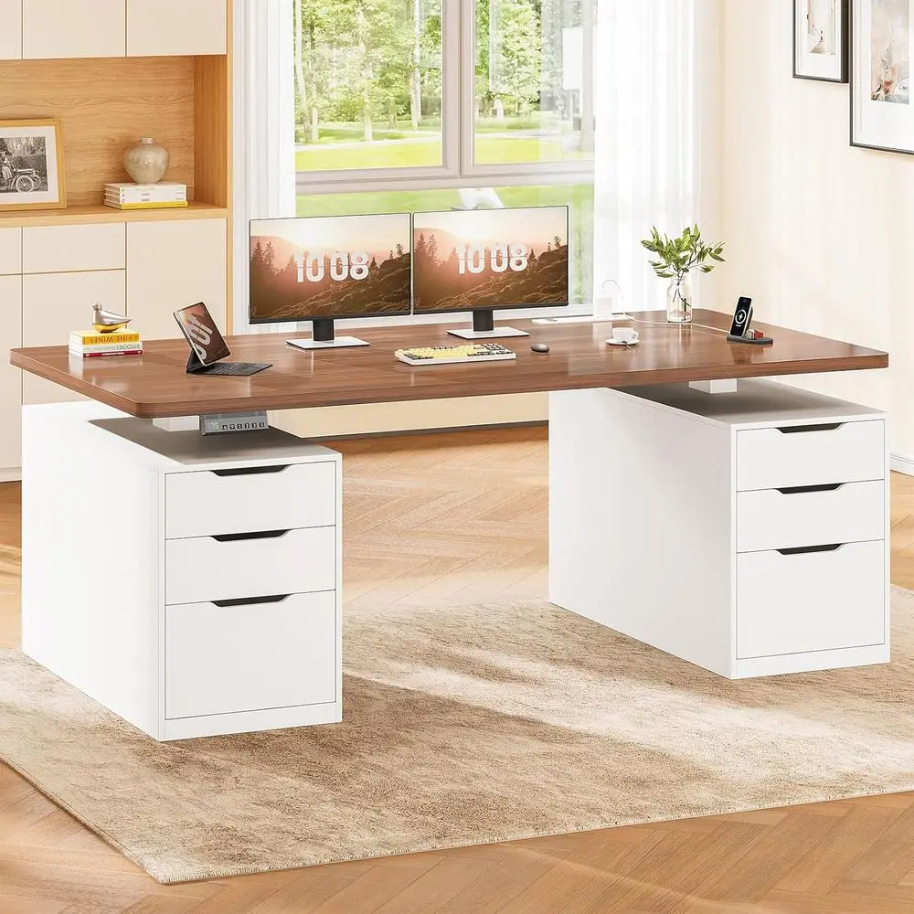 

6-Drawer 55 White Electric Adjustable Standing Desk with Storage and Power Outlets for Home Office