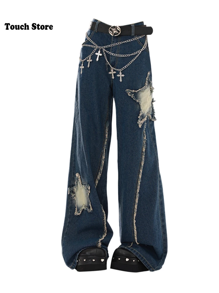 

Women Baggy Harajuku Bell Bottoms Gyaru Low Rise Star Denim Pants Y2k Japanese Trousers Goblin Core Jean Cyber Punk Korean Kpop