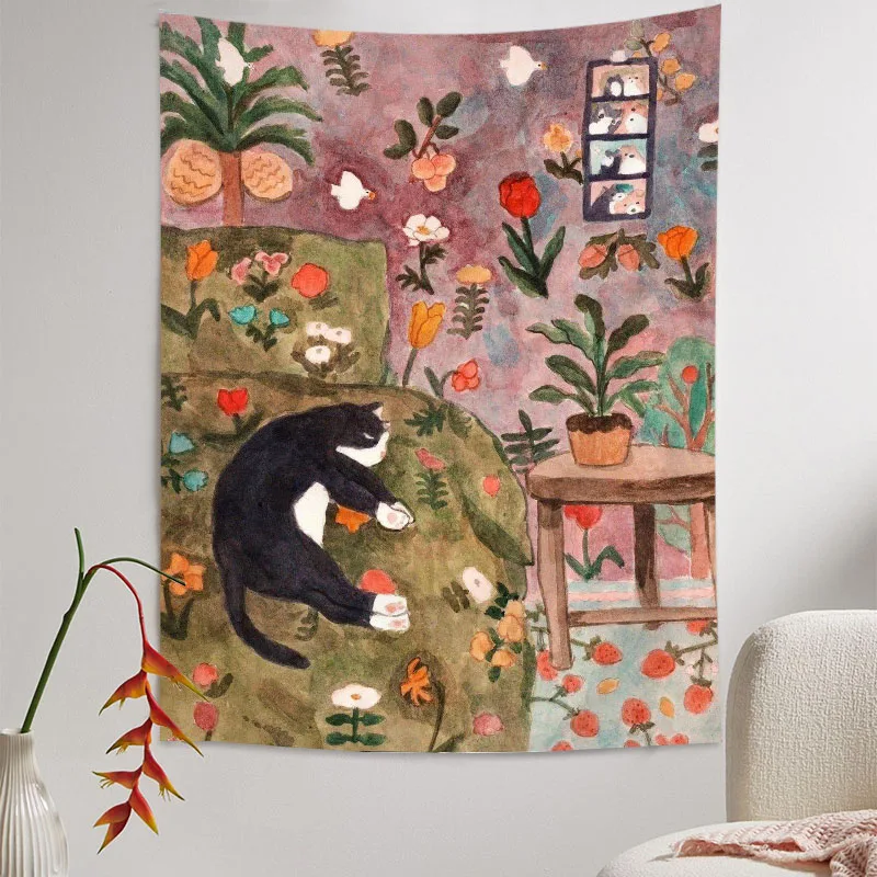 Flowering Meadow Cat Swan Tapestry, Cute Soft Nature Art for Bedroom Living Room Warm Cozy Home Decor