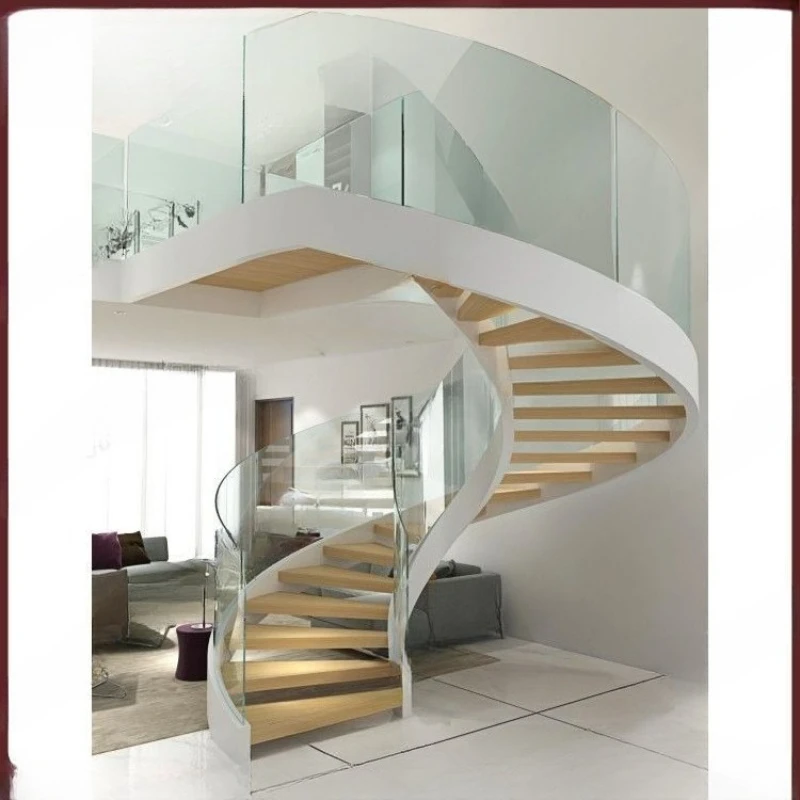 Steel and wood rotating staircase contracting, villa project, solid wood tread glass railing configuration can be replaced