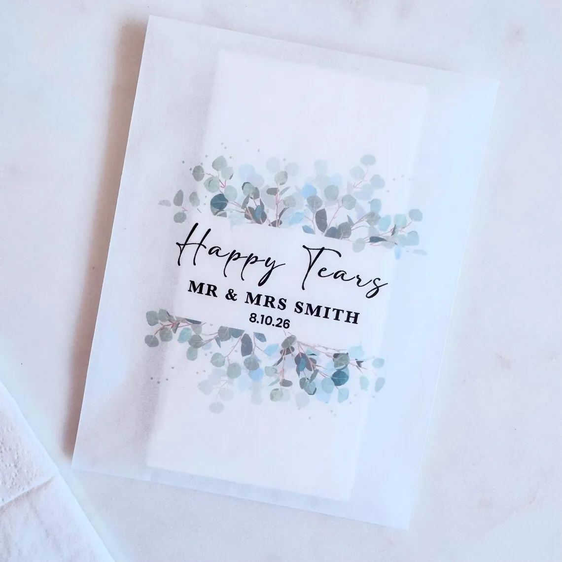 25pcs Happy Tears Wedding Tissues Packets 100% Biodegradable Glassine - Pre Filled Wedding Tissue Bag Personalised