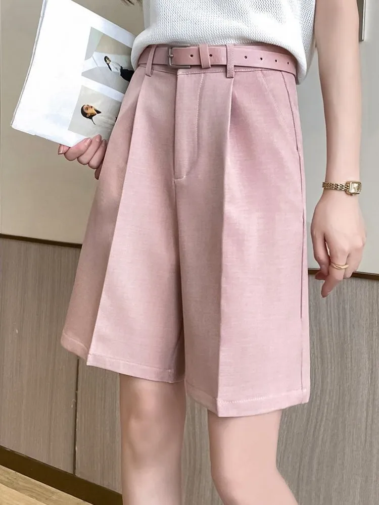 

High Waist Pink Women's Suit Half Pants with Belted 2023 New Spring Summer Korean Casual Straight Office Wide Leg Trousers