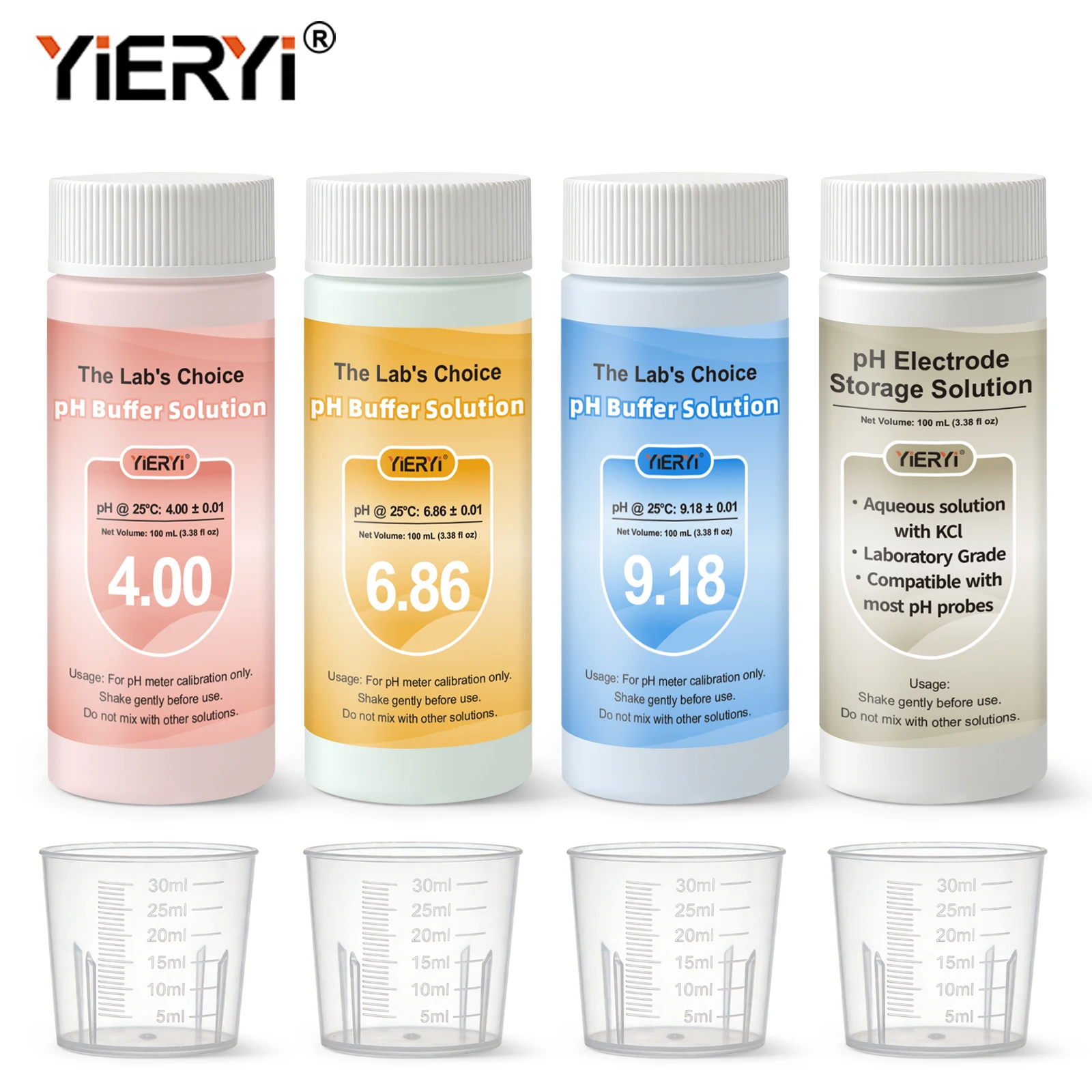 Yieryi 4 Pack PH Calibration Solution Kit (4.00/6.86/9.18/KCL) 100ML Lab-Grade PH Meter Calibration & Electrode Storage Solution