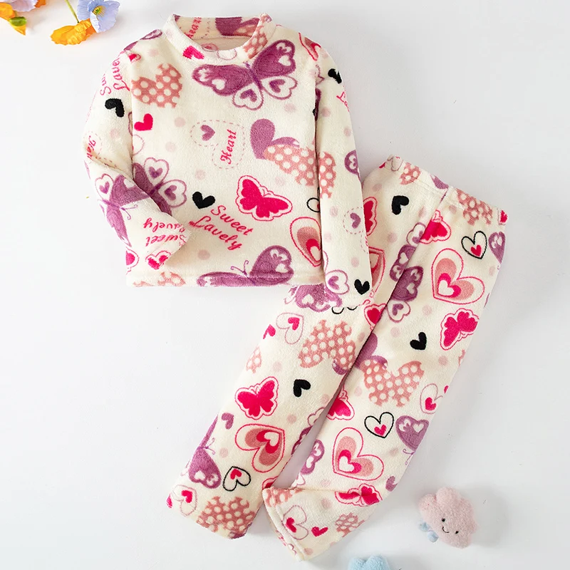 

2-piece Autumn And Winter Children's Coral Velvet Warm Love Printed Set for Boys and Girls Cute Casual Sports Home Furnishings