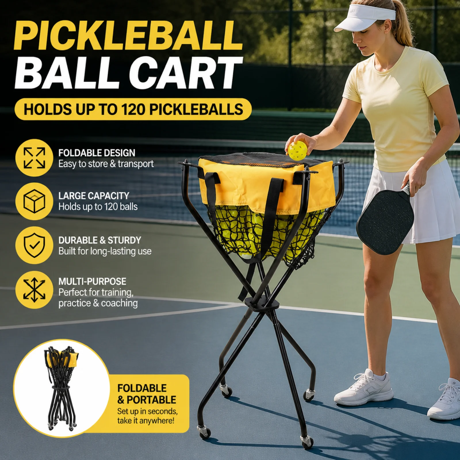 Versatile Pickleball Cart | Portable Folding Frame, Pickleball carrier, for Tennis Courts