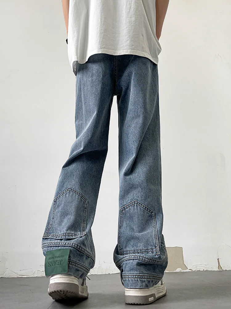 

Светло-голубые мужские джинсы из денима, весенне-осенние, в уличном стиле, с широкими штанинами, микро-клеш, средняя посадка, для работы