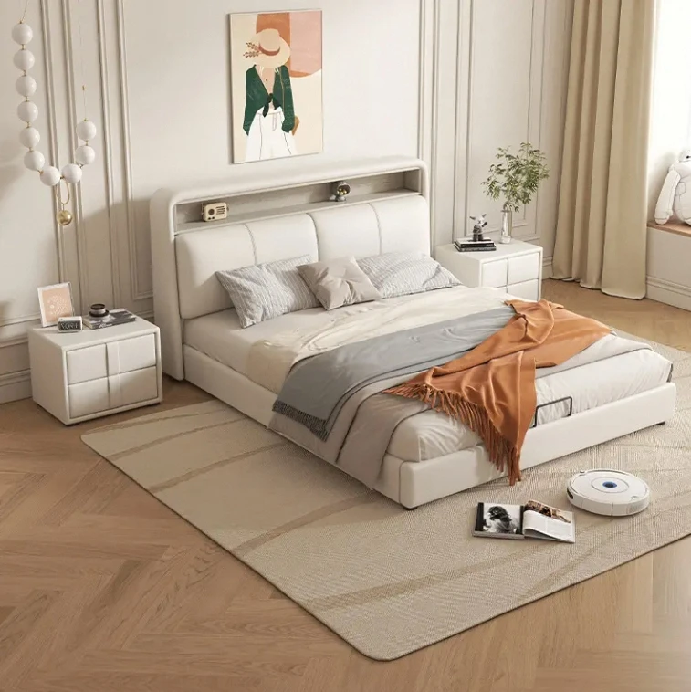 ！@Luxury Modern Simplicity King-Size Luxury USB Port Wood Frames Bed Two-Leather Art Lights Free Storage Wedding Laundry Home Us