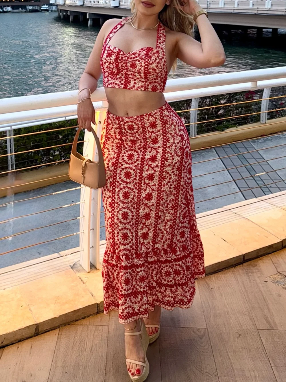 

Casual retro embroidery women's suit sleeveless suspender short top long straight ruffle skirt fashionable 2025 summer vacation