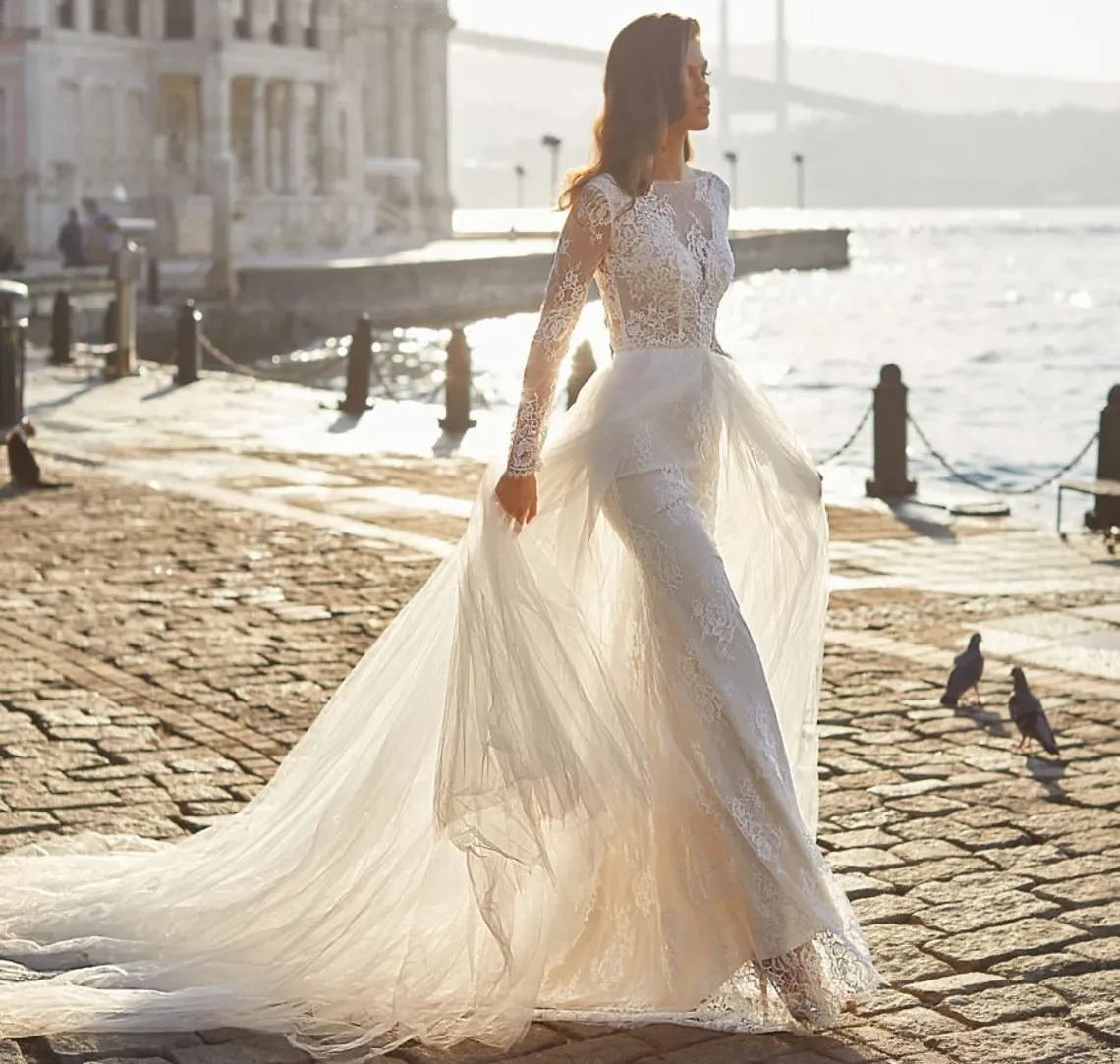 Sexy Unique Bohemian Mermaid Wedding Dress with Detachable Train Sheer O Neck Long Sleeve Open Back Bridal Gowns Custom Made