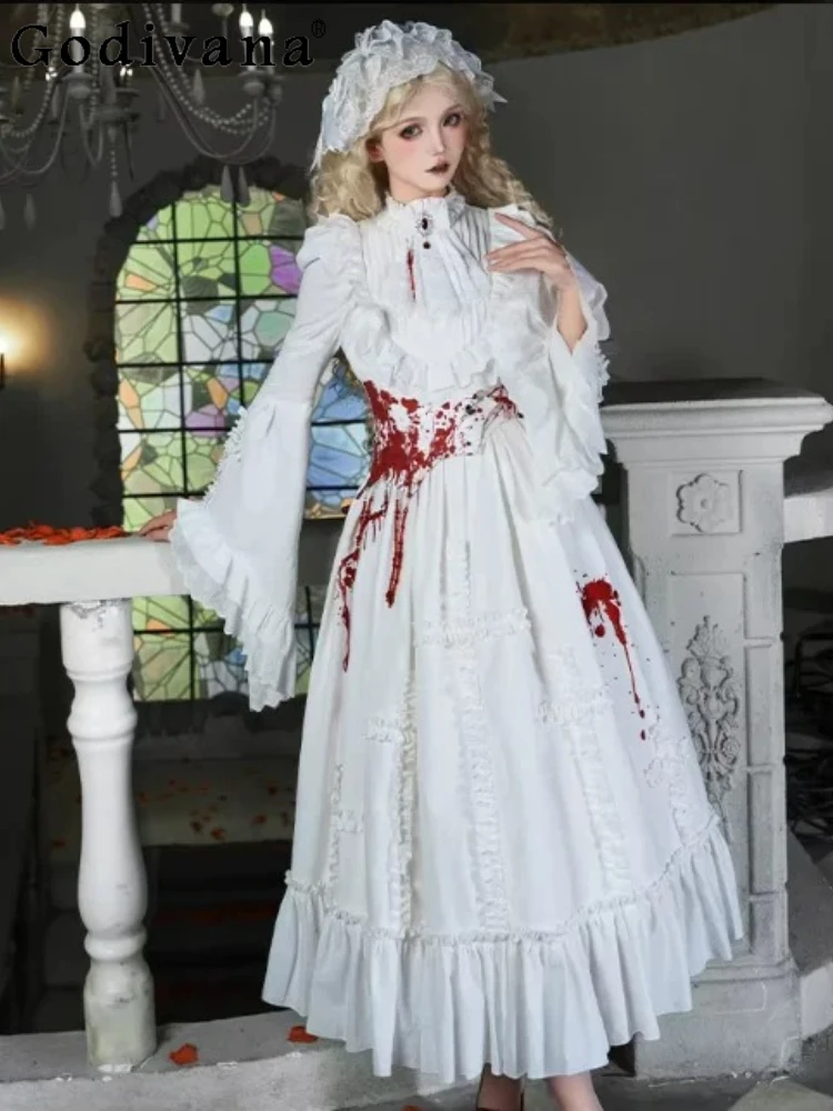 

Spring Gothic Long Op Short Op Lolita Ruffles Stand-up Collar Flare Sleeve Dress Fashion Women Personality Lace Princess Dresses