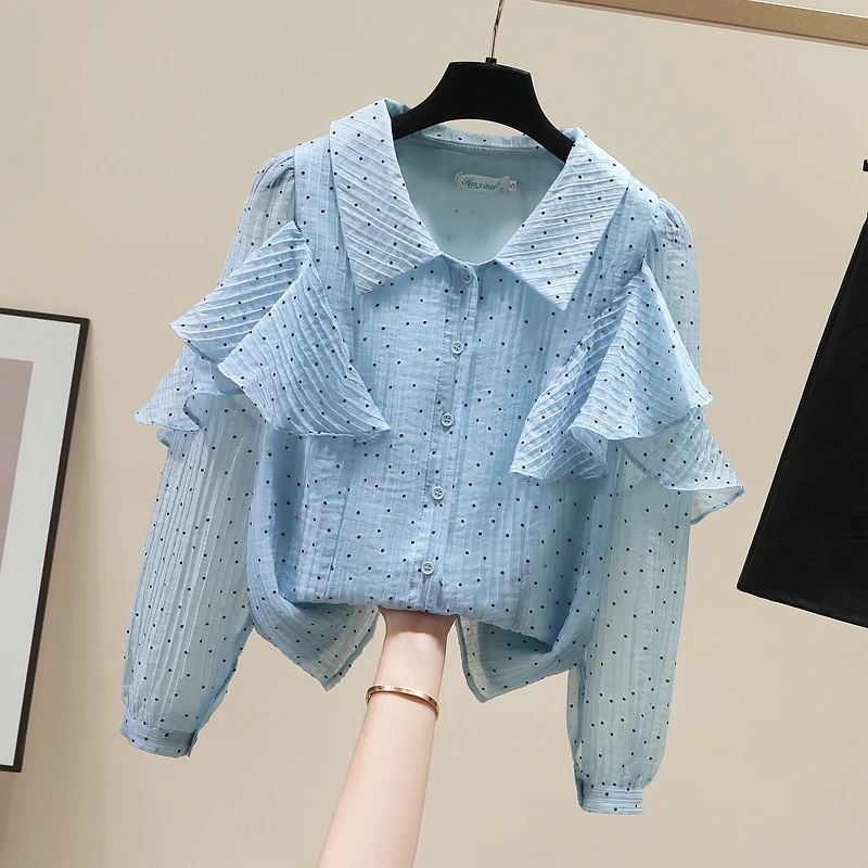 

SuperAen Polka Dot Shirt Women 2025 Spring and Autumn New Design Korean Style Spliced Ruffled Long-sleeved Chiffon Casual Shirts
