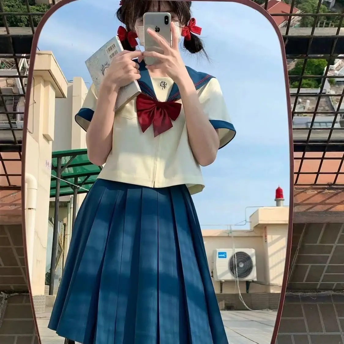 Loose Short Sleeve Sailor Suit Skirt for plus Size Women Japanese Style JK Student Uniform Sweet Color Block  Skirt