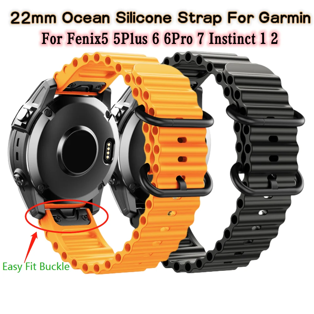 22 26mm Ocean Silicone Wristband Strap For Garmin Approach S62 Fenix5 5Plus 6 6Pro 7 Watch Band Intinct1 2 Quick Fit Bracelet