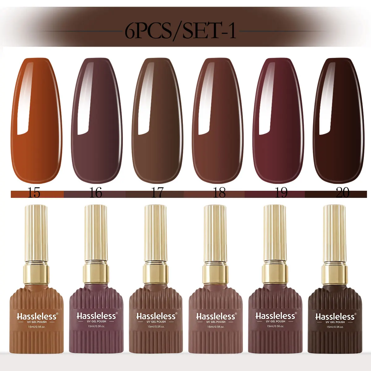 

This brown nail art set includes 6 colors, features a glossy finish, is removable, requires LED curing, and is suitable for salo