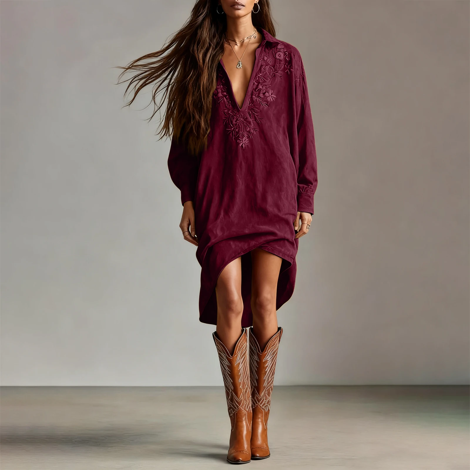 Womens Shirt Dress Burgundy Suede Embroidered High-Low Puff-Sleeve Bohemian Casual 2026 Trendy Dresses Stylish Outfit Vestido
