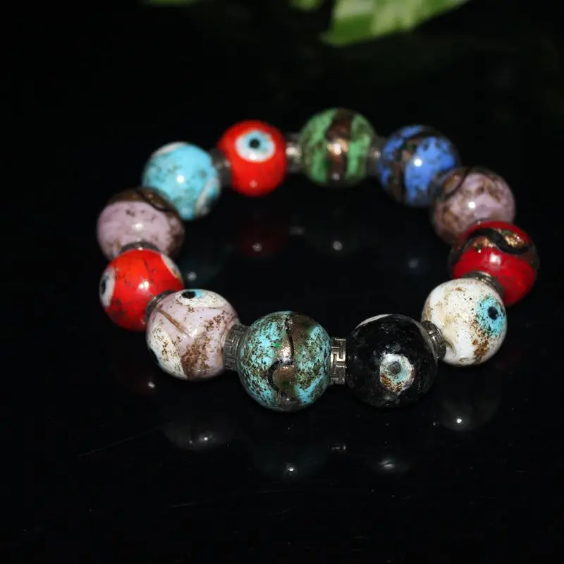 

Vintage Glass Dragonfly Eye Ball Warhan Duobao Glaze Rosary Bracelet