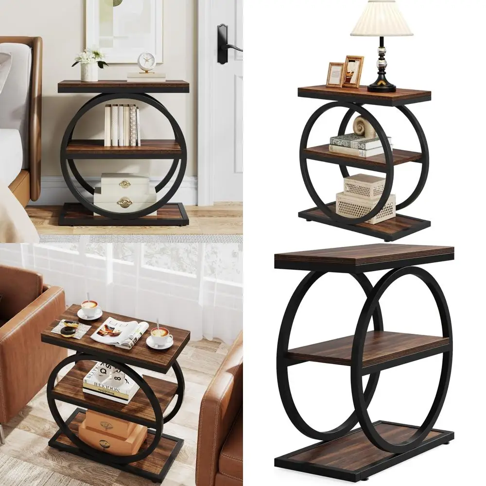 

Промышленный 3-ярусный деревянный приставной столик с полками для хранения для гостиной