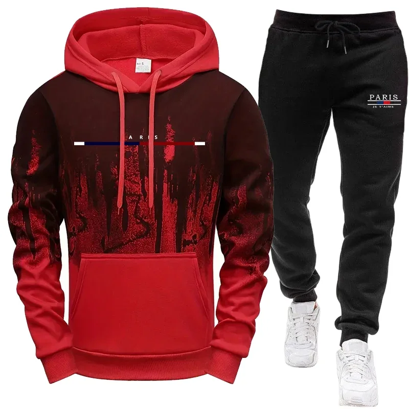 Men's Set/Hoodie/Pants Autumn Winter Hooded Sweatshirt and Sweatpants Outdoor Sports Jogger Suit Paris Casual Fashion Sportswear view 3