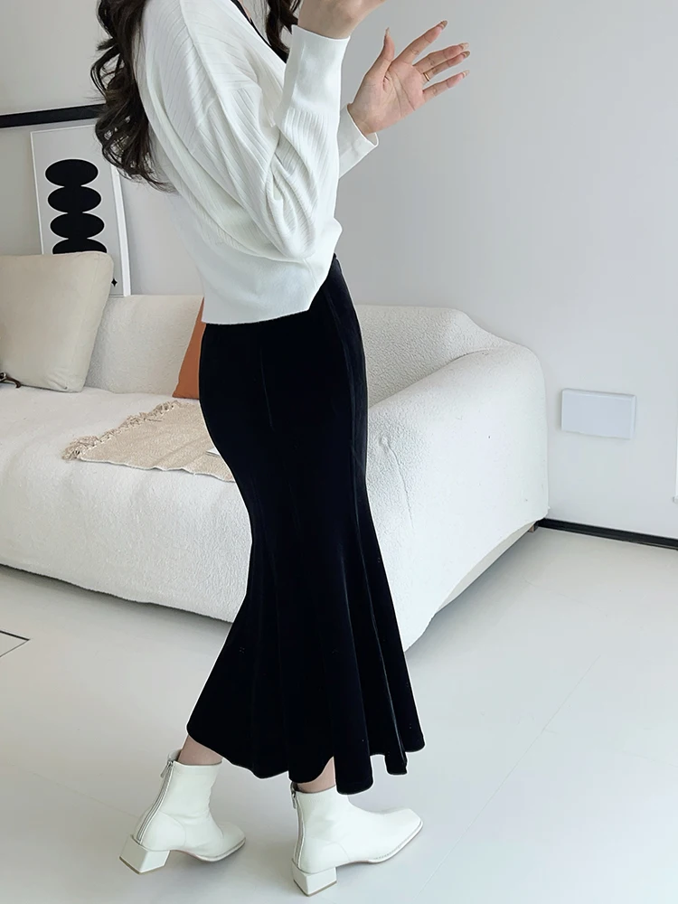 TIYIHAILEY - Damska spódnica welurowa z aksamitu, długa do połowy łydki, elastyczna talia, szyta na miarę XS-10XL, nowa, zimowa jesień, czarna, z polarową podszewką