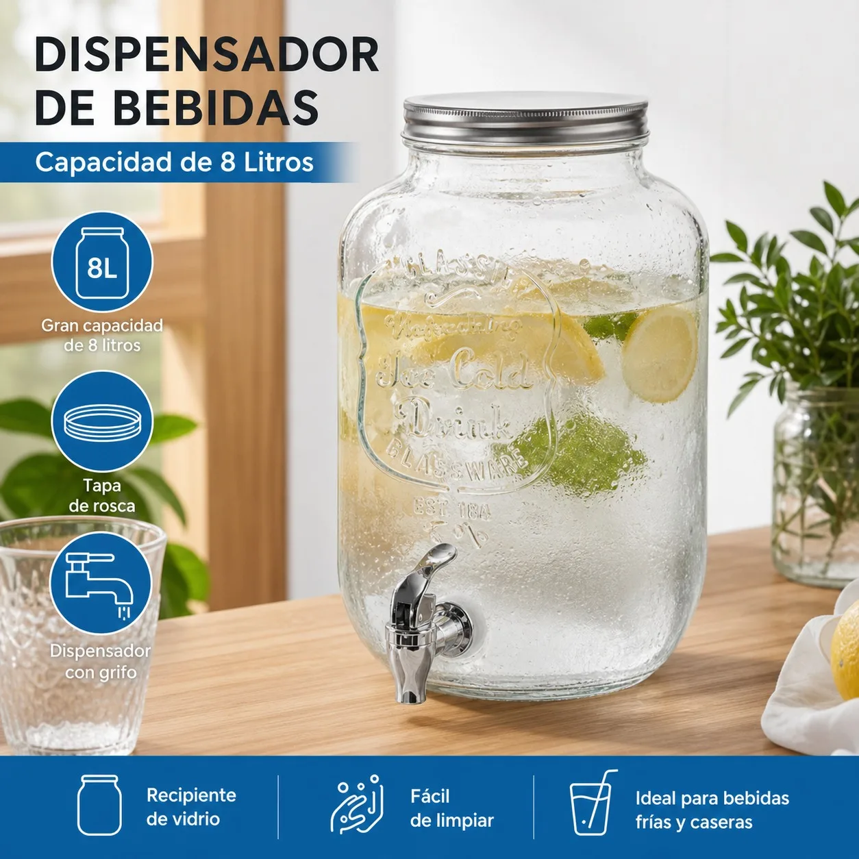 Distributeur de boissons en verre de 8 litres avec robinet et couvercle à vis en métal, pot transparent pour fêtes et événements, récipient pour eau et jus, dimensions 18,5x18,5x31,5 cm